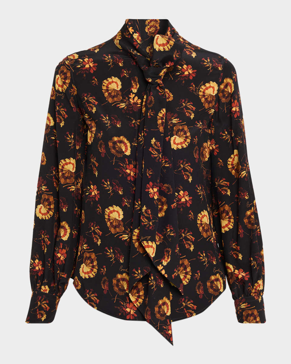 Lina Floral Silk Neck-Scarf Button-Down Shirt